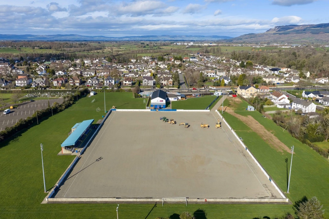 Wide aerial view of groundworks underway at The Showgrounds